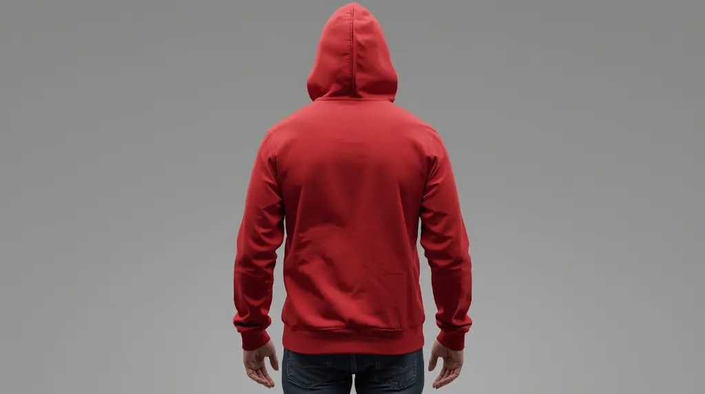 Plain red classic hooded neck hoodie full picture male from back.webp