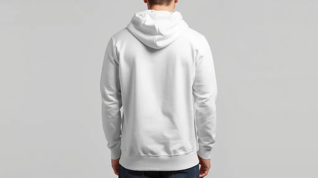 Plain white classic hooded neck hoodie full picture male from back.webp