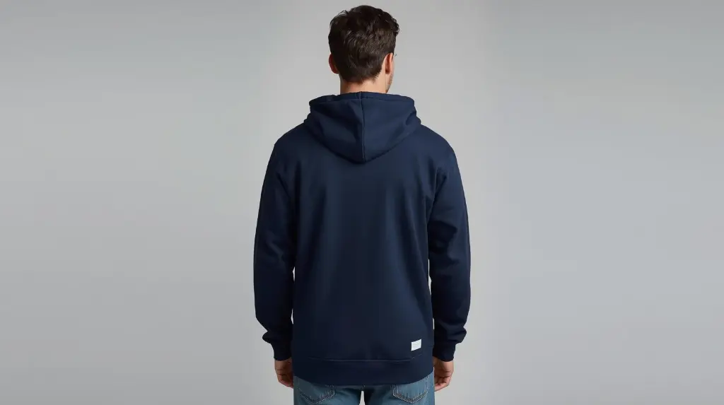 Plain navy blue classic hooded neck hoodie full picture male from back.webp